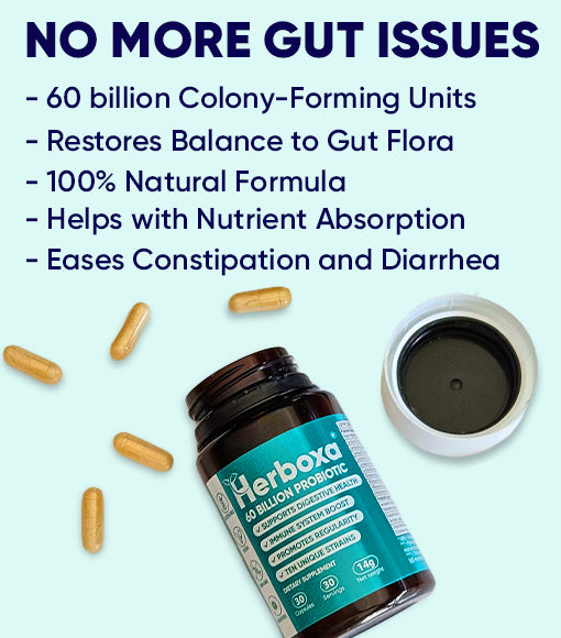 No more gut issues with Herboxa Probiotic. 60 billion colony-forming units. Restores balance to gut flora. 100% natural formula. Helps with nutrient absorption. Eases constipation and diarrhea