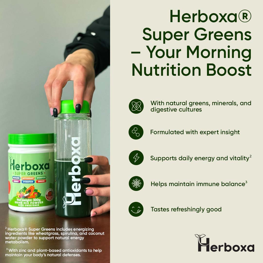 Herboxa Super Greens drink mix, 300g, with sweetener and multiple health benefits in peach flavor.